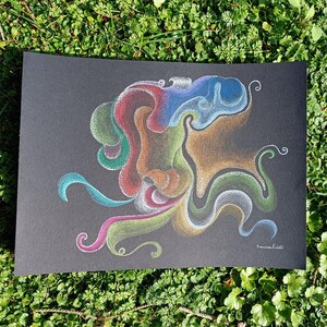 Disegno astratto originale su carta nera, matita colorata e penna acrilica, arte unica, mandala fluido di Francesca Licchelli, disegno astratto colorato