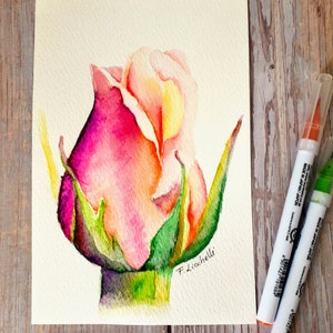 Rosebud watercolor original tiny painting, floral watercolor botanic style, pink orange rose Christmas gift, bedroom decoration peach pink. image 2