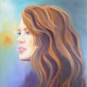 Ritratto originale dipinto a olio 24 x 32 cm di Francesca Licchelli donna con capelli rossi profilo laterale arte su carta telata ritratto di donna arte