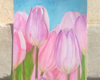 Tulipano pittura ad acquerello tulipano rosa paesaggio pittura tulipano rosa parete arte A3 pittura originale acquerello floreale arte grande acquerello