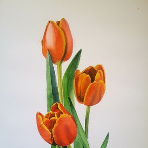 Tulipani rossi acquerello originale, dipinto con fiori, quadro camera da letto, quadro tulipani rossi, dipinto tulipani, arte floreale.