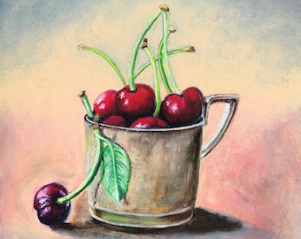 Cherry painting oil cup of cherries oil on canvas paper 24x32 cm cherry wall art kitchen decoration painting for kitchen food painting fruit