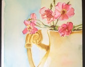 Jar pink flowers painting, original watercolor still life painting, floral watercolor, ceramic vase flowers art, bedrooom decor wall art.