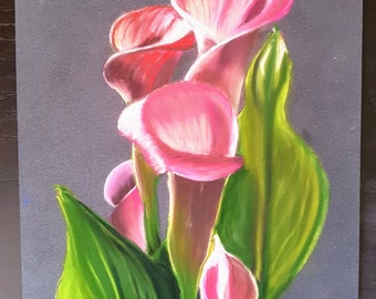 Pink callas drawing soft pastels painting, floral painting decoration bedroom, Christmas gift for mom callas flowers fuchsia, floral drawing