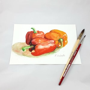 Peperoni rossi acquerello, dipinto natura morta, quadro frutta, dipinto vegetali, decorazione pareti della cucina o per ristorante, taverna