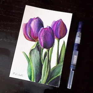 Tulipani viola, dipinto ad acquerello, arte floreale originale, penne a pennello su carta, 13,4x20,3 cm, dipinto di tulipani di Francesca Licchelli, arte floreale viola