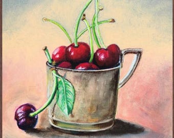 Pintura al óleo de cerezas en una taza, naturaleza muerta, arte para la pared de la cocina