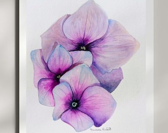 Pintura de acuarela de hortensias moradas, arte floral para pared, decoración botánica