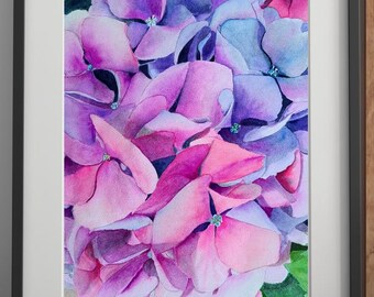 Pintura original en acuarela de hortensias rosas, arte floral para pared, decoración botánica para dormitorio, regalo.
