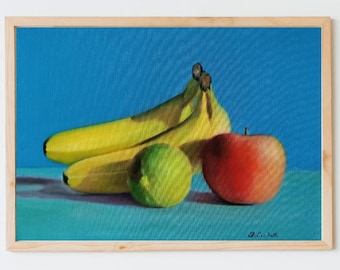 Fruit Still Life Original Oil Painting Kitchen Wall Art Turquoise Food Decor