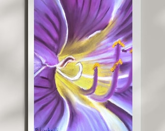 Lirio morado original, pintura pastel, arte floral para pared, decoración de dormitorio primaveral