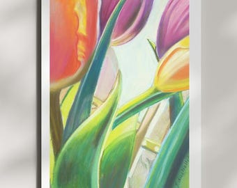 Tulipanes coloridos, pintura original en pastel, arte floral para pared, decoración de primavera para dormitorio.