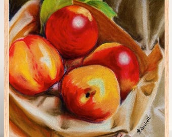 Nectarine Peach Still Life Original Pastel Painting Kitchen Wall Art Fruit