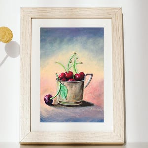 Dipinto ad olio originale ciliegie in tazza di metallo vintage natura morta su carta telata 24 x 32 cm dipinto di ciliegie olio di ciliegia arte murale di ciliegie cucina