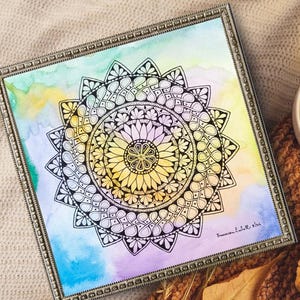 Originele mandala-inkt en aquarel 20 x 20 cm unieke abstracte kunst op papier handgemaakte zentangle-tekening vierkante mandala 8 x 8 inch afbeelding