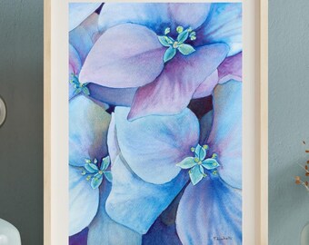 Pintura original en acuarela de hortensias azules, arte floral para pared, decoración botánica para dormitorio, regalo.