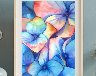 Pintura original en acuarela de hortensias azules, arte floral para pared, decoración de primavera para dormitorio.