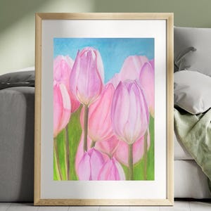 Dipinto originale di tulipani rosa ad acquerello, arte floreale da parete, opera d'arte botanica primaverile, opera d'arte fatta a mano, 29,7 x 42 cm, regalo per lei, arte murale con tulipani.
