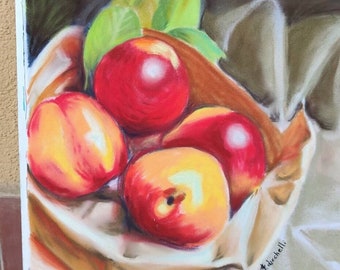 Peach drawing peach painting soft pastel art original summer fruit painting still life wall art basket of peaches fine art painting italian