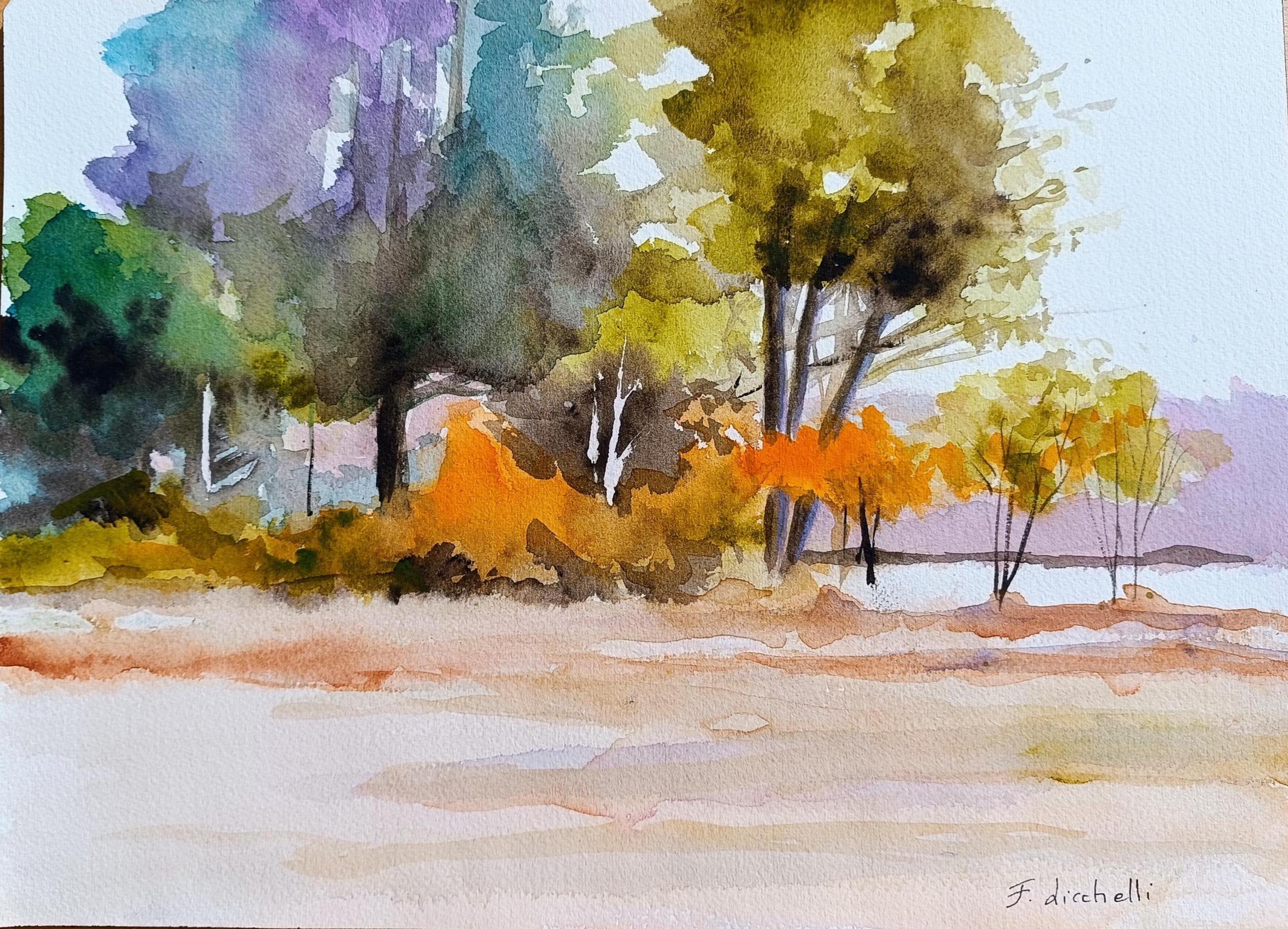 リカルドゴンザレス 原画 WET PAINT Original Watercolor Landscape, 10x14 Impressionist Art Sale