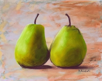 Pear painting soft pastel original drawing green pears wall art painting for kitchen country drawing tiny painting of pear small pastel art.