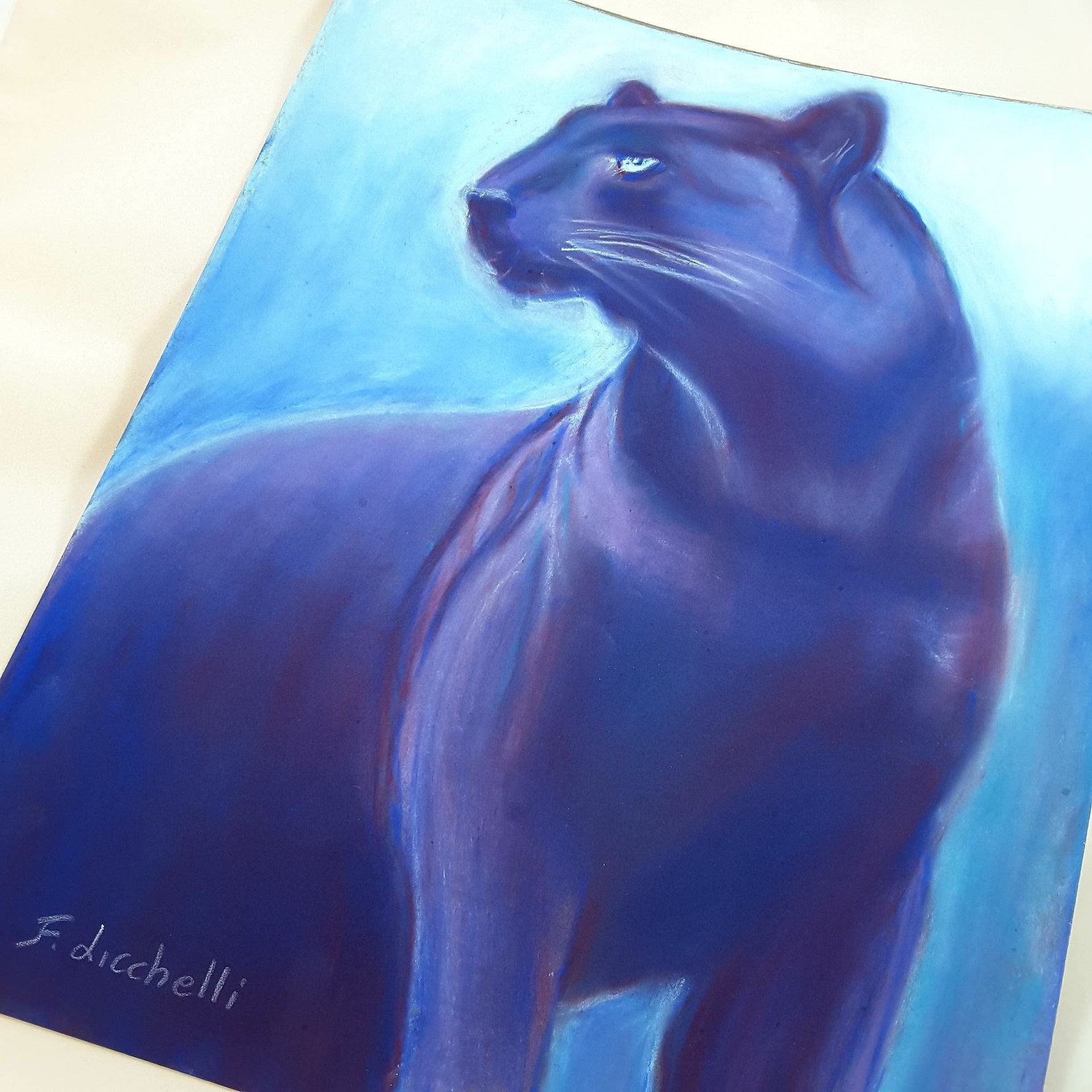 Blue Panther Drawing, Original Painting Panther, Soft Pastels on Paper, Boys Bedroom Decor Idea