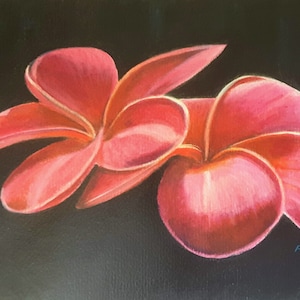 Plumeria acrylic painting, frangipani painting acrylic on paper, Christmas art gift, tropical flower picture, hot pink plumeria alba art.