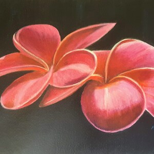 Dipinto acrilico originale su carta con fiore di Plumeria rosa, 35 x 25 cm, opera d'arte floreale tropicale da parete, opera d'arte botanica unica nel suo genere. Plumeria da parete.