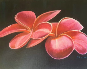 Plumeria acrylic painting, frangipani painting acrylic on paper, Christmas art gift, tropical flower picture, hot pink plumeria alba art.