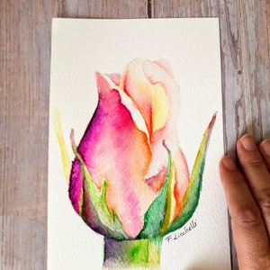 Rosebud watercolor original tiny painting, floral watercolor botanic style, pink orange rose Christmas gift, bedroom decoration peach pink. image 4