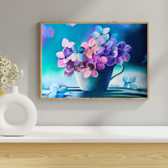 Hydrangea Soft Pastel Painting Original Blue Purple Pink Flowers Floral Wall Art Bedroom Decor