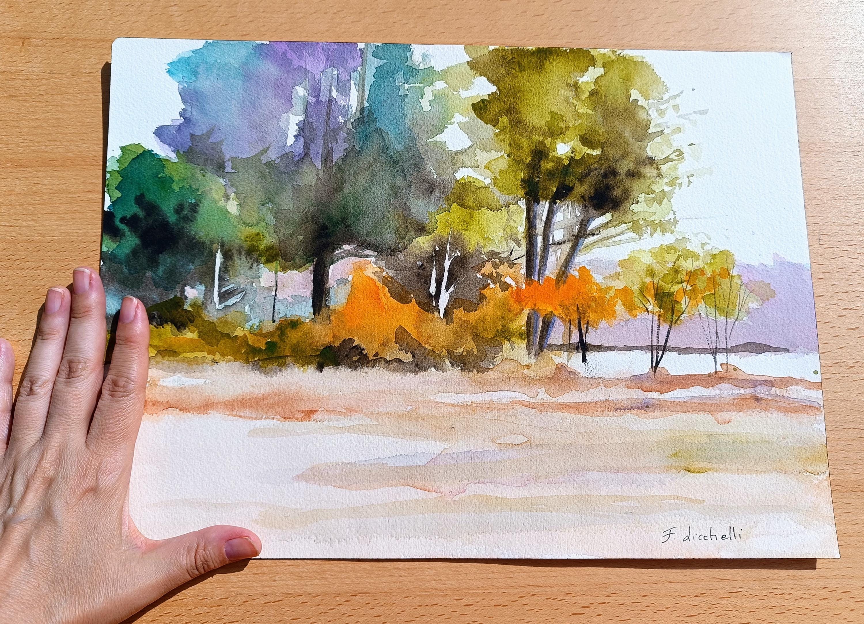 リカルドゴンザレス 原画 WET PAINT Original Watercolor Landscape, 10x14 Impressionist Art Sale