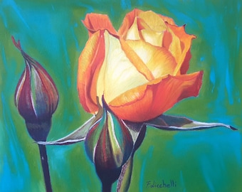 Orange rose painting, original pastel drawing, soft pastels on paper, bedroom decoration rose picture gift for Christmas rosebuds wall art.