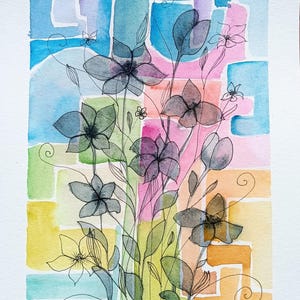 Original Abstract Floral, 7x9 Ink and Watercolor Painting, Modern Botanical Art, Signed Artwork on 100% Cotton Paper