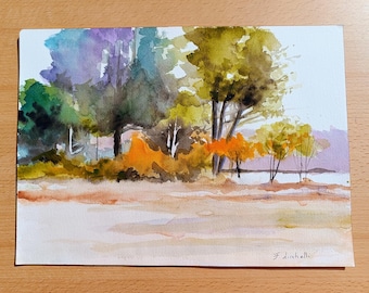 リカルドゴンザレス 原画 WET PAINT Original Watercolor Landscape, 10x14 Impressionist Art Sale