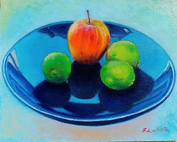 油絵　現代アートstill life Artwork oil painting Original Still Life Oil Painting, 7x9 Apple and Limes Art
