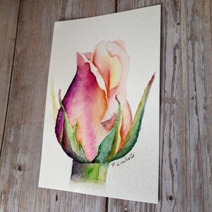 Rosebud watercolor original tiny painting, floral watercolor botanic style, pink orange rose Christmas gift, bedroom decoration peach pink. image 7