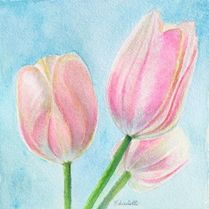 Aquarelle originale de fleurs tulipes roses sur papier Arches 20 x 20 cm / 8 x 8 po. Art floral par Francesca Licchelli Aquarelle de chambre à coucher