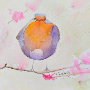 Petirrojo, pájaro de acuarela, flores rosadas, arte original de primavera, linda pintura redonda de petirrojo, decoración animal, regalo para amantes de la naturaleza, 20 x 20 cm, arte de petirrojo