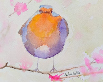 Robin watercolor art, redbreast watercolor painting, chubby bird on the branch, bird painting orange, nursery wall art animal cute bird art.