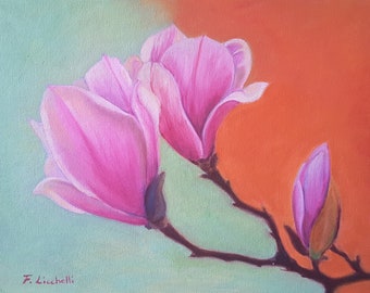 Peinture à l'huile originale de fleurs de magnolia à l'huile sur toile, tableau floral, magnolia rose, art moderne, décoration murale magnolia