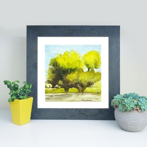 Acquerello alberi verdi, piccolo paesaggio tradizionale, formato quadrato, copia d'autore, quadro salotto alberi, dipinto paesaggio rurale.