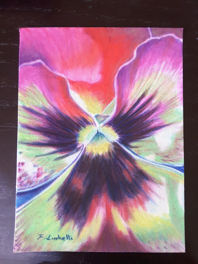 Pansy pastel drawing original painting soft pastels on velvet paper floral artwork macro pansy purple and red bedroom drawing pansy art.