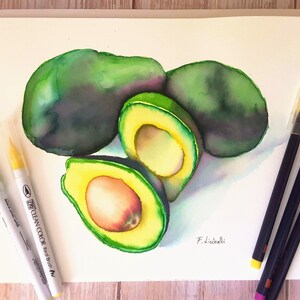 Dipinto originale ad acquerello di avocado, natura morta, frutta, arte, fatto a mano su carta di cotone Fabriano, 30,5 x 23 cm, unico nel suo genere, dipinto moderno di avocado