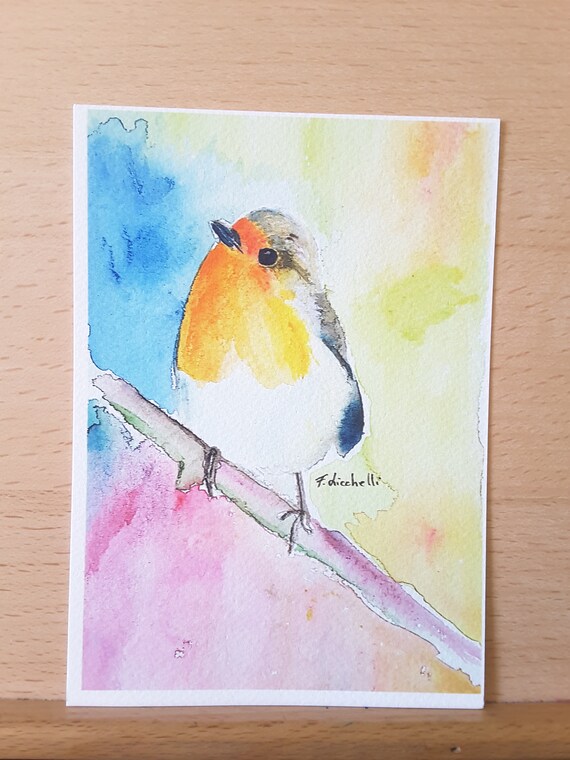 European Robin birds on a branch watercolor art print Robin Redbreast art print
