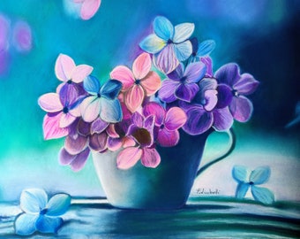 Lilac flower blue and purple painting floral drawing soft pastel original drawing flower in a bowl violet picture pink and blue wall art.