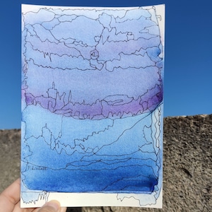 Acquerello astratto blu originale e arte a inchiostro moderna 2023 dipinto a mano su carta da 300 g/m² 5,8x8,3 pollici Decor regalo arte astratta esclusiva