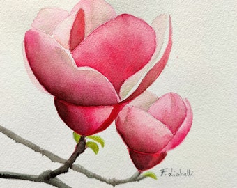 Magnolia watercolor original painting, magnolia flowers watercolor, pink magnolia painting, branch of magnolias square watercolor painting,