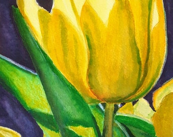 Yellow tulip watercolor original, tulip painting yellow, gift art Christmas, tulip flower painting original, floral watercolor art yellow