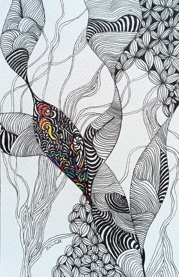 Original Abstract Ink Drawing, 8x5 Zentangle Art Sale